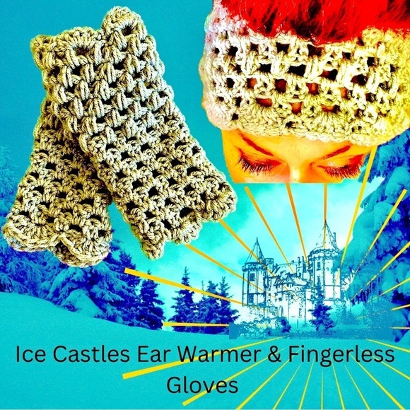 “ICE CASTLES” CROCHETED FINGERLESS GLOVES AND EAR WARMER SET - Picture 1 of 9